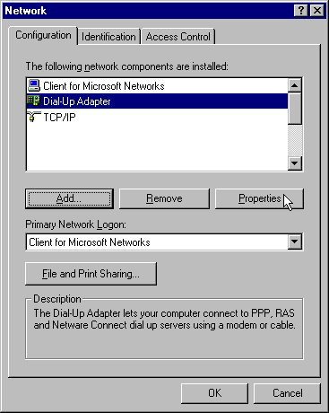 Network Control Panel - Dialup Adapter
