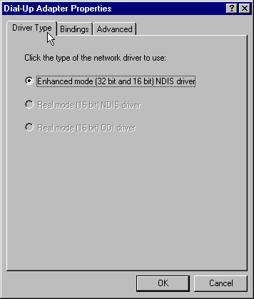Dialup Adapter Driver tab