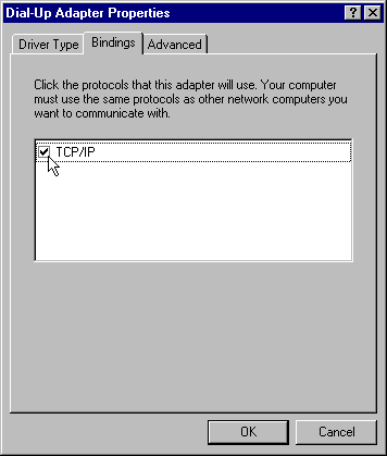 Dialup Adapter Bindings tab