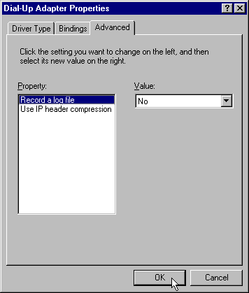 Dialup Adapter Advanced tab