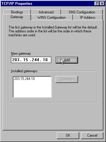 TCP/IP Properties - Gateway tab