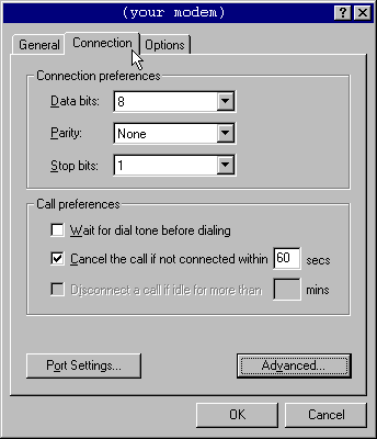 Modem Properties - Connection tab