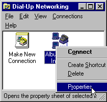 right-click menu of DUN connection