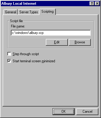 scripting tab of DUN connection